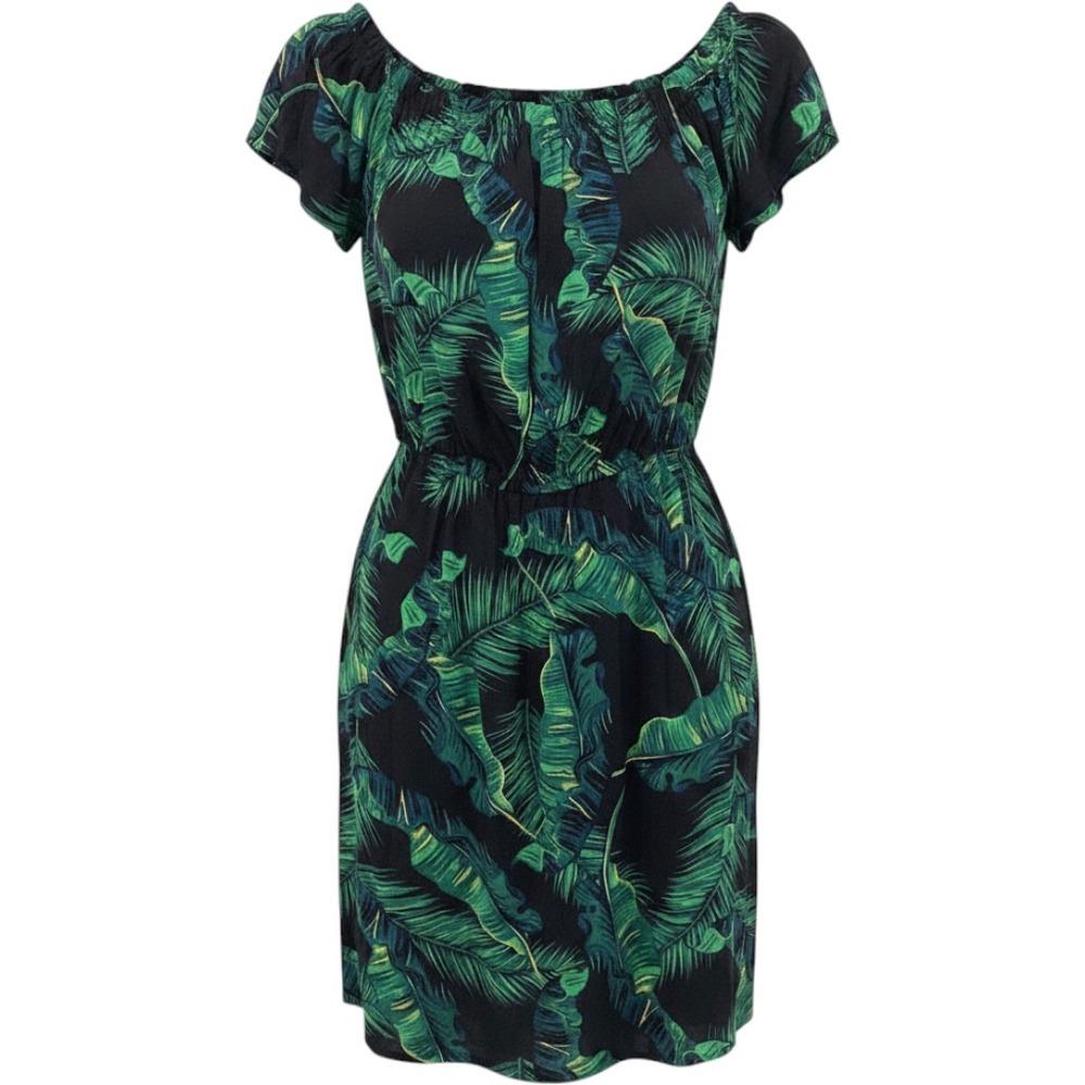 NWT GUESS XS Tropical Palm Leaf Off Shoulder Smocked Summer Vacation Mini Dress
